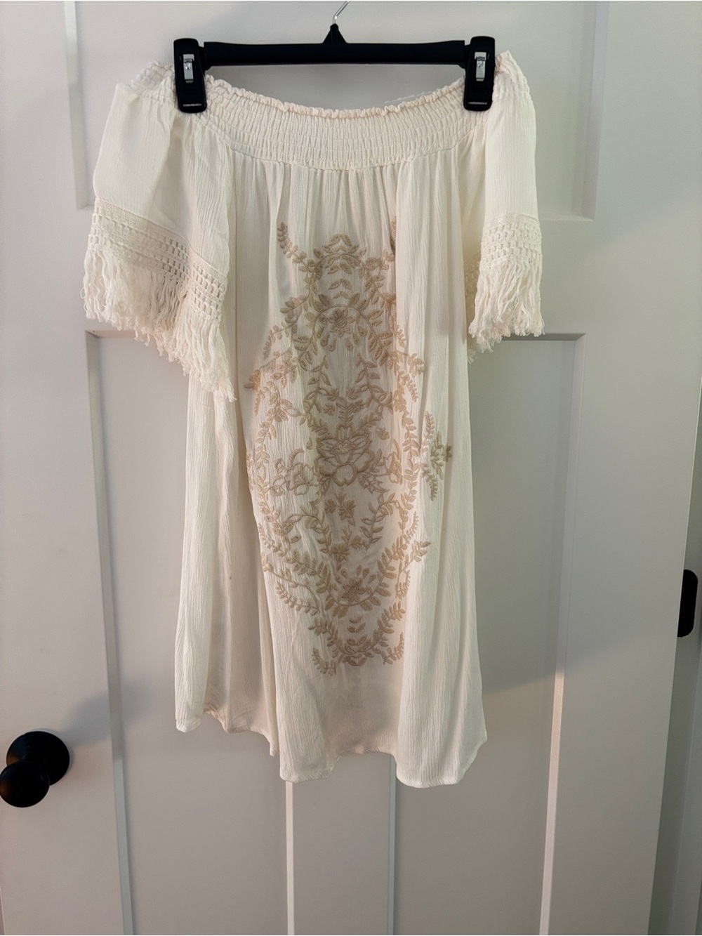 Jolt Cream Off-Shoulder Embroidered Tunic